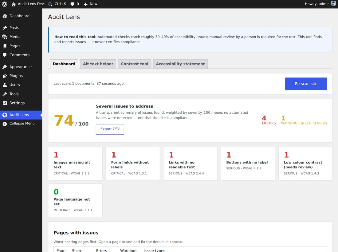 The Audit Lens site-wide accessibility dashboard listing detected WCAG issues in plain language.