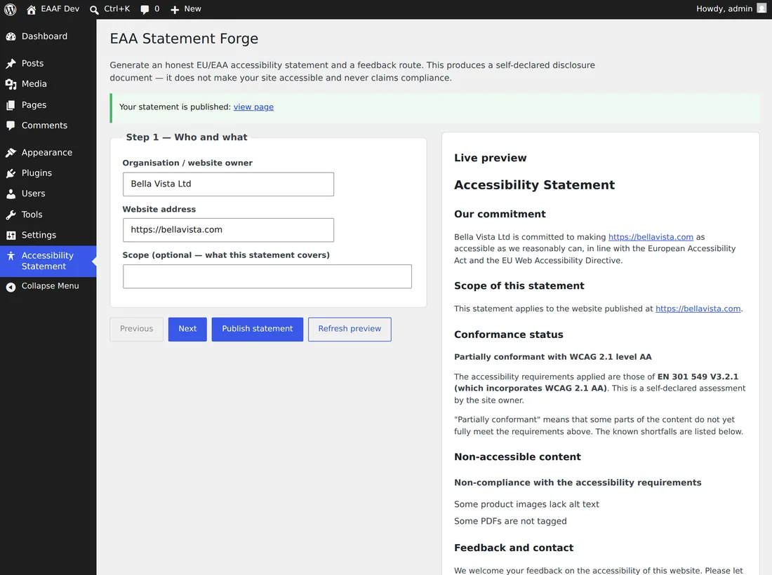 The EAA Statement Forge wizard generating an EU accessibility statement page step by step.