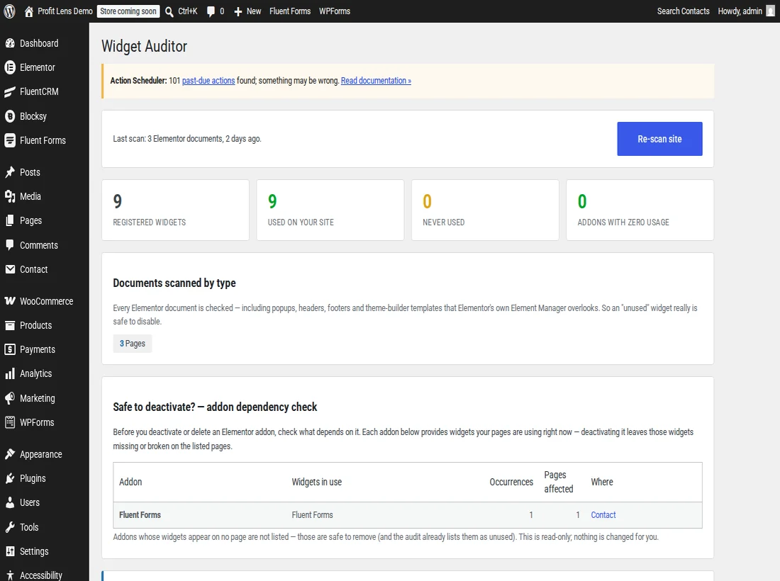 Widget Auditor listing which Elementor addon widgets the site actually uses, plus their asset weight.